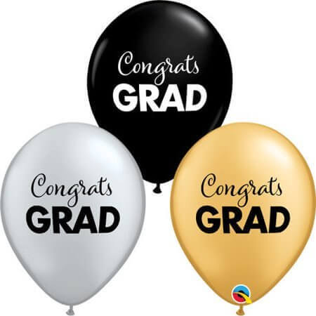 Qualatex - 11" Simply Congrats Grad Latex Balloons - Gold, Silver, & Black (50ct) - SKU:102550 - UPC:071444986182 - Party Expo