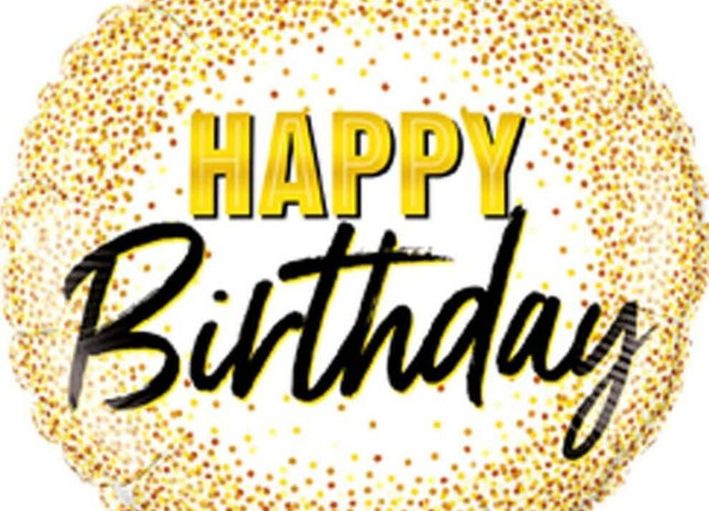 Qualatex - 18" Birthday Gold Glitter Dots Mylar Balloon #64 - SKU:96951 - UPC:071444880190 - Party Expo