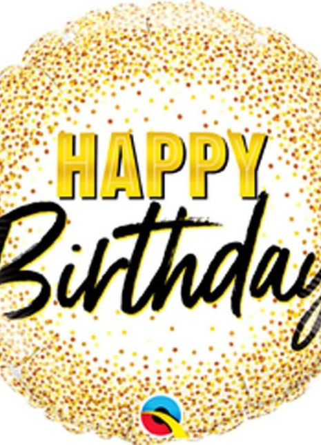 Qualatex - 18" Birthday Gold Glitter Dots Mylar Balloon #64 - SKU:96951 - UPC:071444880190 - Party Expo