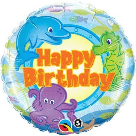 Qualatex - 18" Happy Birthday Fun Sea Creatures Mylar Balloon #328 - SKU:50953 - UPC:071444296021 - Party Expo
