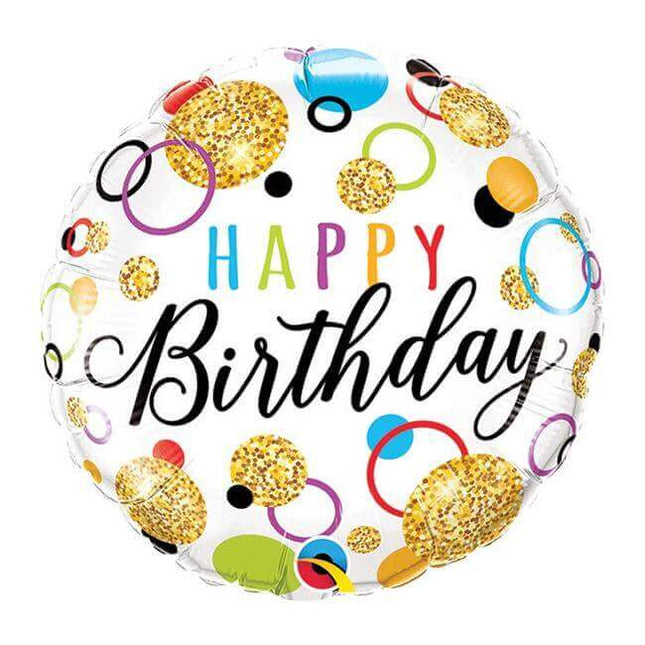 Qualatex - 18" Happy Birthday Glitter Dots Mylar Balloon #107 - SKU:91192 - UPC:071444572903 - Party Expo