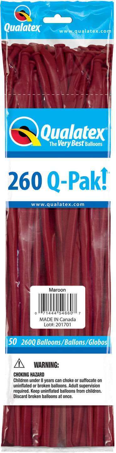 Qualatex - 260Q Qpak Maroon Latex Balloons (50ct) - SKU:57213 - UPC:071444572132 - Party Expo
