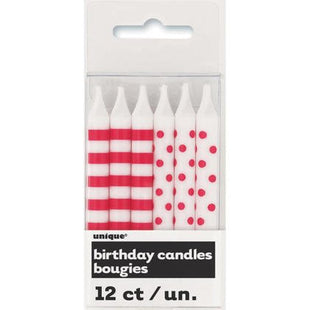 Red Striped & Polka Dot Birthday Candles (12ct) - SKU:19240 - UPC:011179192403 - Party Expo