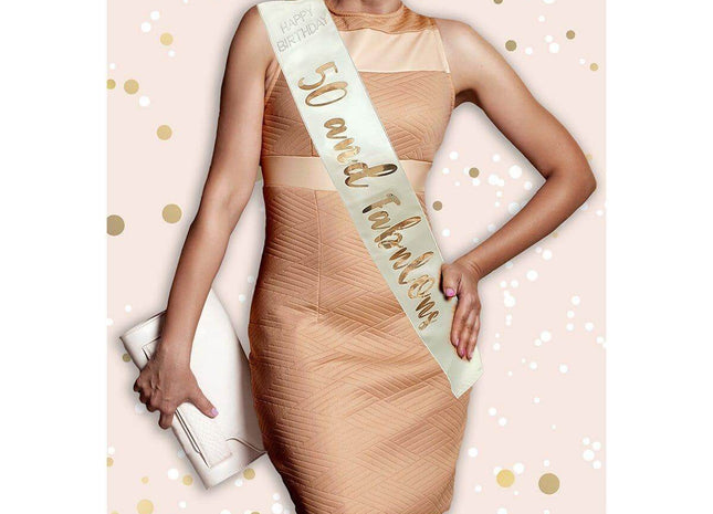 Rose Gold 50th Birthday Sash - SKU:AL-RGS-50 - UPC:760497010677 - Party Expo