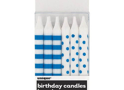 Royal Blue Stripes & Dots Birthday Candles (12ct) - SKU:19244 - UPC:011179192441 - Party Expo