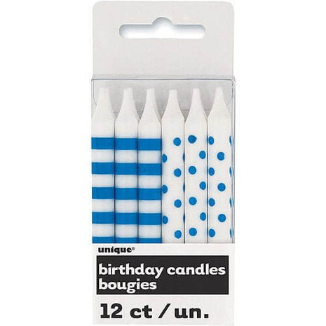 Royal Blue Stripes & Dots Birthday Candles (12ct) - SKU:19244 - UPC:011179192441 - Party Expo