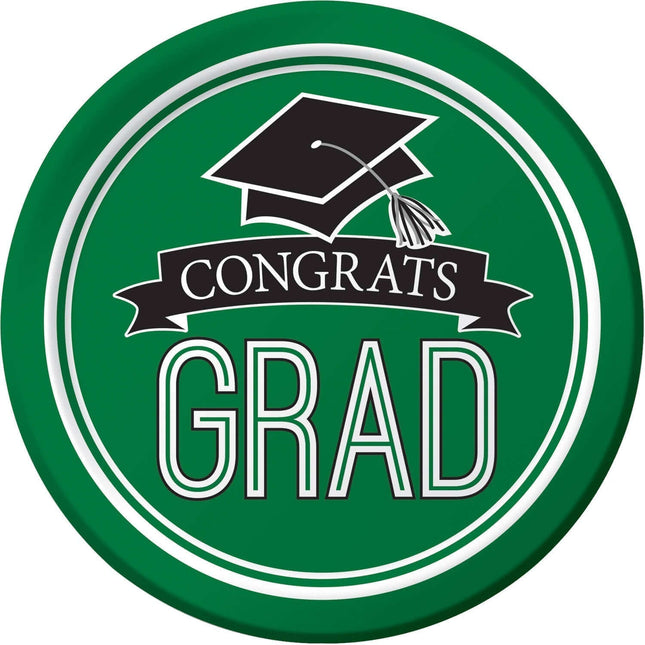 7" School Spirit 'Congrats Grad' Plates - Emerald Green (18ct) - SKU:320059 - UPC:039938360078 - Party Expo