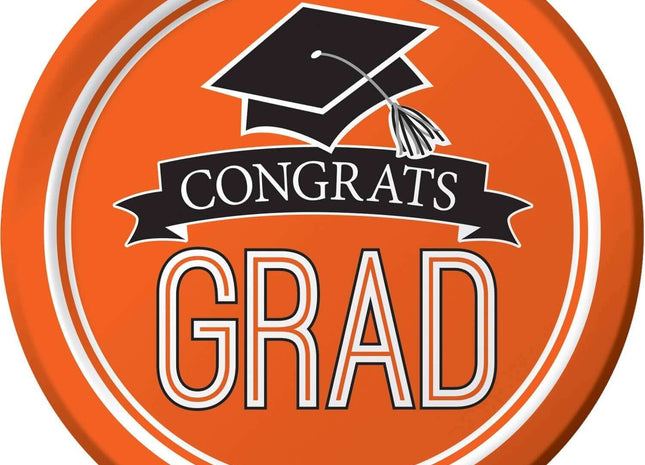 7" School Spirit 'Congrats Grad' Plates - Orange (18ct) - SKU:320067 - UPC:039938360153 - Party Expo