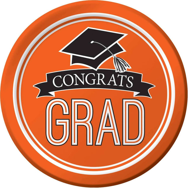 7" School Spirit 'Congrats Grad' Plates - Orange (18ct) - SKU:320067 - UPC:039938360153 - Party Expo