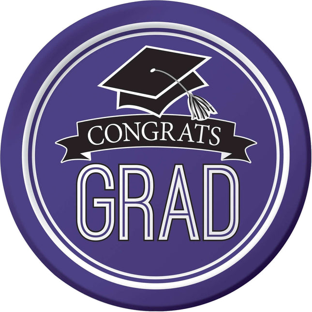 7" School Spirit 'Congrats Grad' Plates - Purple (18ct) - SKU:320075 - UPC:039938360238 - Party Expo