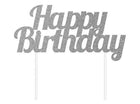 Silver Glitter 'Happy Birthday' Cake Topper - SKU:324541 - UPC:039938416362 - Party Expo