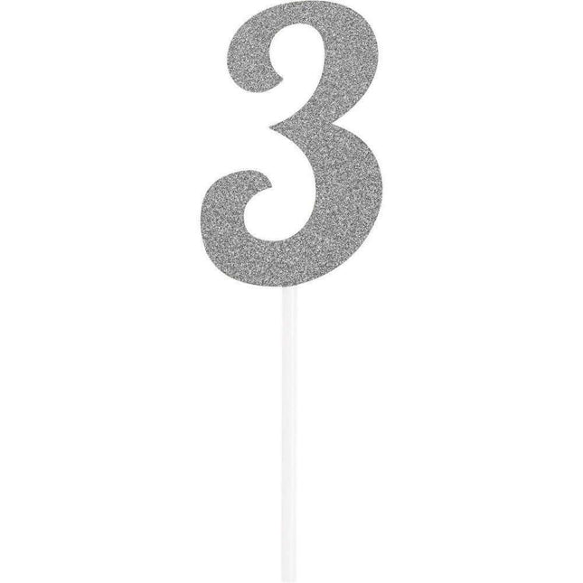 Silver Glitter Number '3' Cake Topper - SKU:335043 - UPC:039938545109 - Party Expo