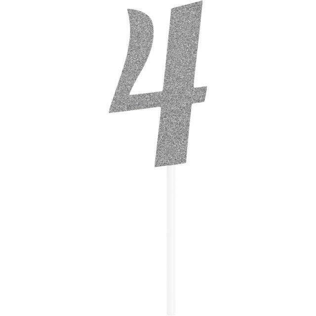 Silver Glitter Number '4' Cake Topper - SKU:335044 - UPC:039938545116 - Party Expo