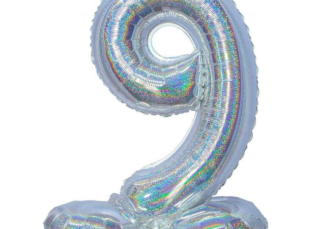Standing Number 9 - 26" Holographic Silver - SKU:85897 - UPC:8712364858976 - Party Expo