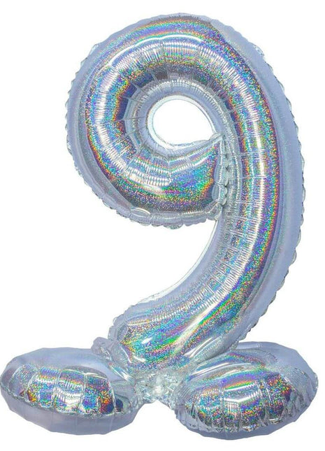 Standing Number 9 - 26" Holographic Silver - SKU:85897 - UPC:8712364858976 - Party Expo