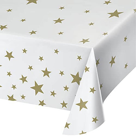 Stars (White and Gold) Plastic Table Cover (All Over Print) - SKU:35-4568 - UPC:039938845421 - Party Expo