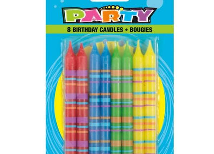 Striped Birthday Candles - Multicolor (8ct) - SKU:37582 - UPC:011179375820 - Party Expo