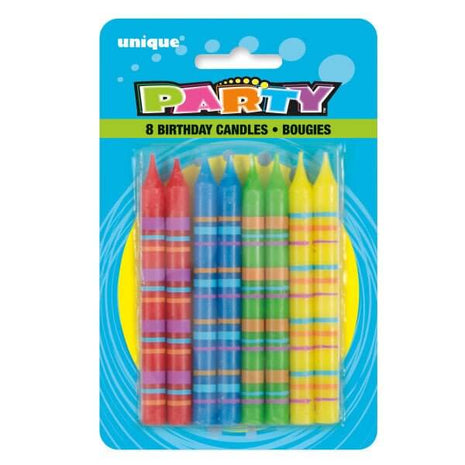 Striped Birthday Candles - Multicolor (8ct) - SKU:37582 - UPC:011179375820 - Party Expo