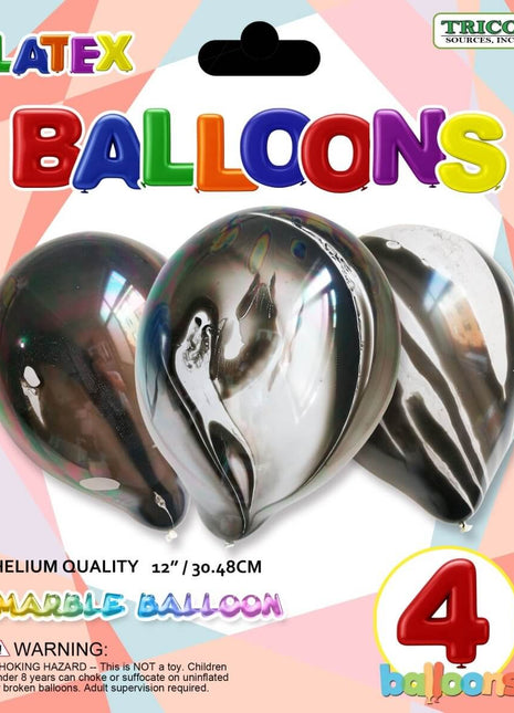 Trico - 12" Marble Agate Latex Balloons - Black & White (4ct) - SKU:BP2406 Marble Black - UPC:810057958816 - Party Expo