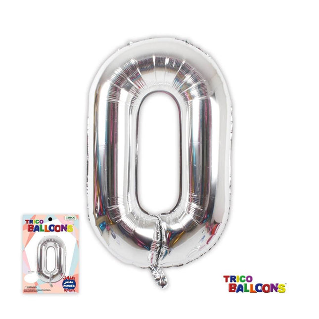 Trico - 34" Number '0' Mylar Balloon - Silver - SKU:BP2302-0 - UPC:00810057950001 - Party Expo