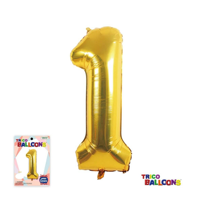 Trico - 34" #1 Jumbo Number Balloon - Gold - SKU:BP2301-1 - UPC:00810057951718 - Party Expo