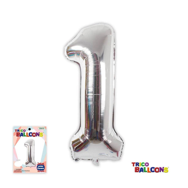 Trico 34" #1 Jumbo Number Balloon - Silver - SKU:BP2302-1 - UPC:00810057950117 - Party Expo