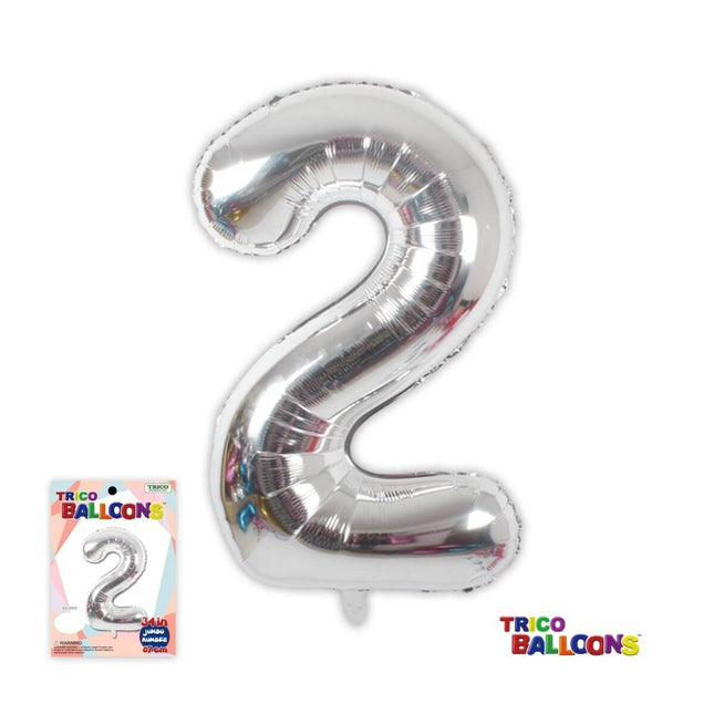 Trico 34" #2 Jumbo Number Balloon - Silver - SKU:BP2302-2 - UPC:00810057950094 - Party Expo