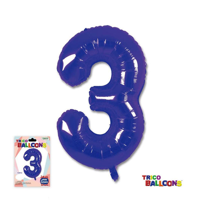 Trico - 34" Number '3' Mylar Balloon - Purple - SKU:BP2305-3 - UPC:840300800487 - Party Expo