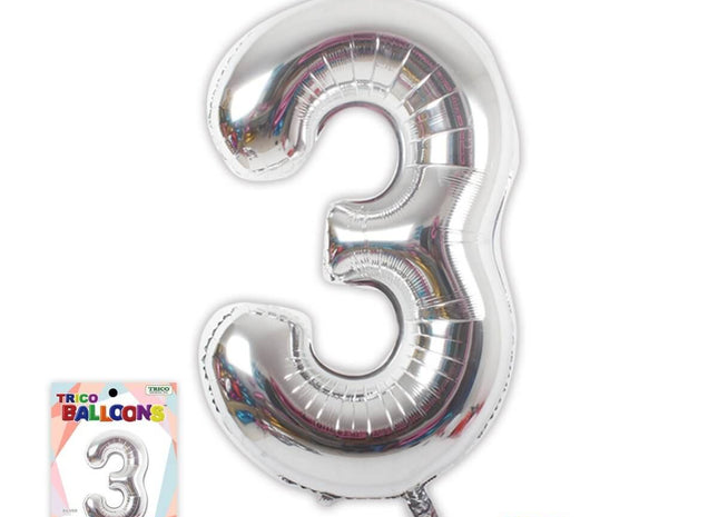 Trico - 34" Number '3' Mylar Balloon - Silver - SKU:BP2302-3 - UPC:00810057950124 - Party Expo