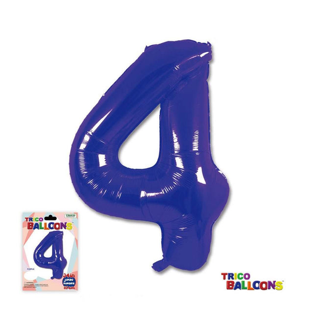 Trico - 34" Number '4' Mylar Balloon - Purple - SKU:BP2305-4 - UPC:840300800494 - Party Expo