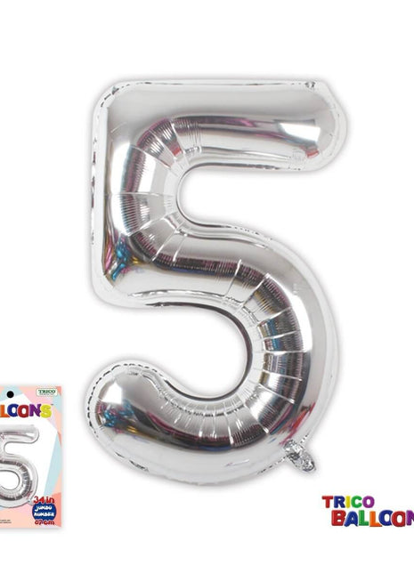 Trico - 34" Number '5' Mylar Balloon - Silver - SKU:BP2302-5 - UPC:00810057950155 - Party Expo