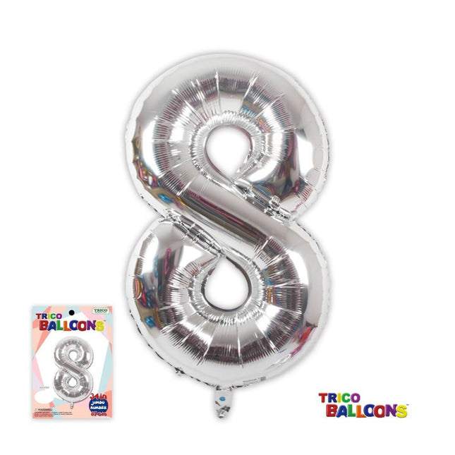 Trico - 34" Number '8' Mylar Balloon - Silver - SKU:BP2302-8 - UPC:00810057950186 - Party Expo