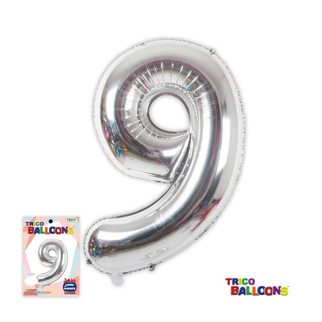 Trico - 34" Number '9' Mylar Balloon - Silver - SKU:BP2302-9 - UPC:00810057950193 - Party Expo