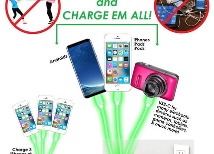 Triple USB Glowing Charging Cable for iPhone - SKU:298-106A - UPC:788914918238 - Party Expo