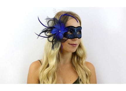 Venetian Mask with Feather and Veil - Blue - SKU:M8355BL - UPC:831687021329 - Party Expo