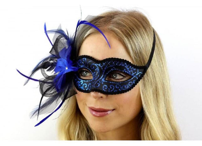 Venetian Mask with Feather and Veil - Blue - SKU:M8355BL - UPC:831687021329 - Party Expo