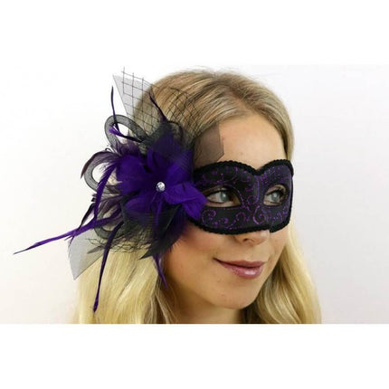Venetian Mask with Feather and Veil - Purple - SKU:M8355P - UPC:831687017582 - Party Expo
