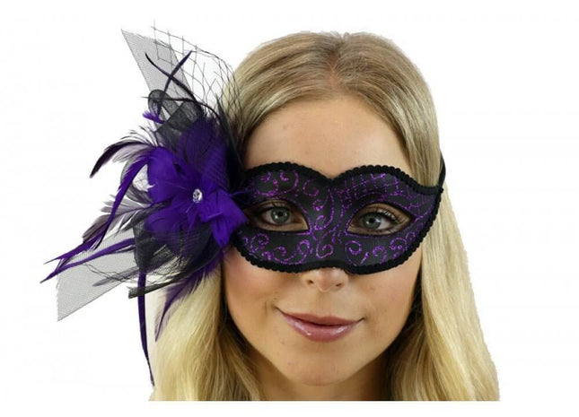 Venetian Mask with Feather and Veil - Purple - SKU:M8355P - UPC:831687017582 - Party Expo