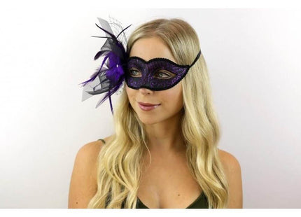 Venetian Mask with Feather and Veil - Purple - SKU:M8355P - UPC:831687017582 - Party Expo