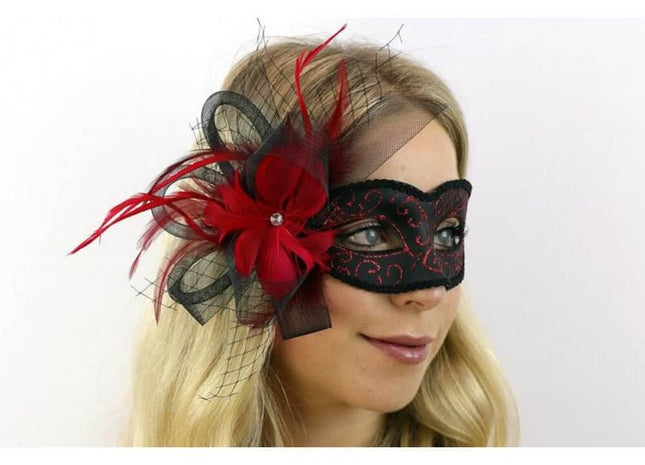 Venetian Mask with Feather and Veil - Red - SKU:M8355R - UPC:831687017599 - Party Expo