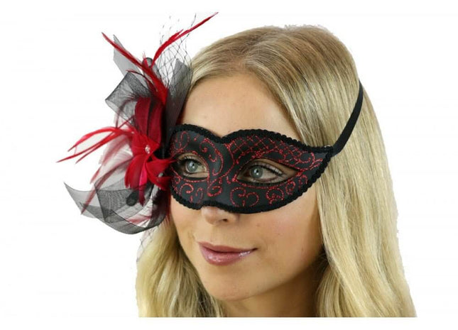 Venetian Mask with Feather and Veil - Red - SKU:M8355R - UPC:831687017599 - Party Expo