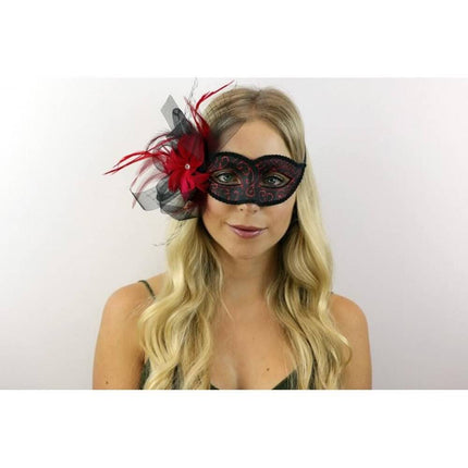 Venetian Mask with Feather and Veil - Red - SKU:M8355R - UPC:831687017599 - Party Expo