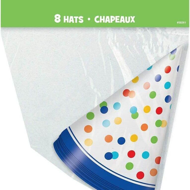 Vibrant Rainbow Polka Dots Party Hats (8ct) - SKU:58261 - UPC:011179582617 - Party Expo