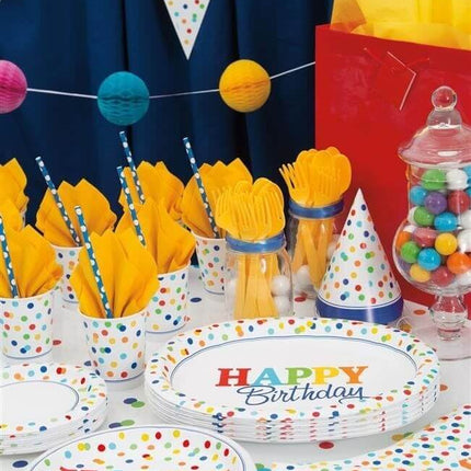 Vibrant Rainbow Polka Dots Party Hats (8ct) - SKU:58261 - UPC:011179582617 - Party Expo