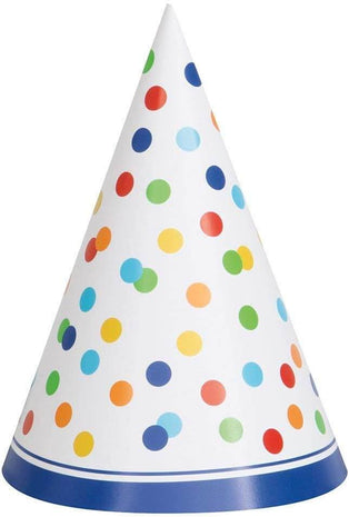 Vibrant Rainbow Polka Dots Party Hats (8ct) - SKU:58261 - UPC:011179582617 - Party Expo