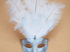 White & Silver Venetian Women's Half Mask with Decorative Feathers & Beads - SKU:GP-0223 - UPC:099996038456 - Party Expo