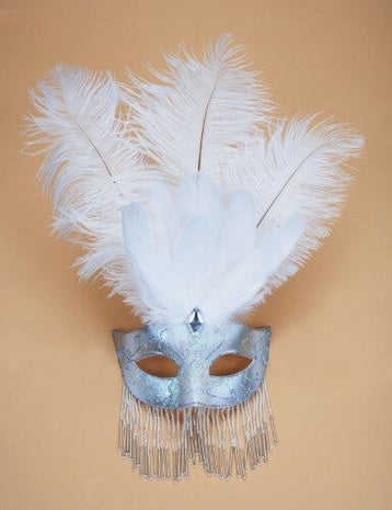 White & Silver Venetian Women's Half Mask with Decorative Feathers & Beads - SKU:GP-0223 - UPC:099996038456 - Party Expo