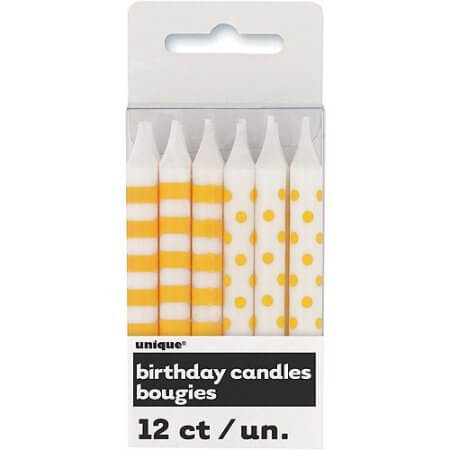 Yellow Stripes & Dots Birthday Candles (12ct) - SKU:19245 - UPC:011179192458 - Party Expo